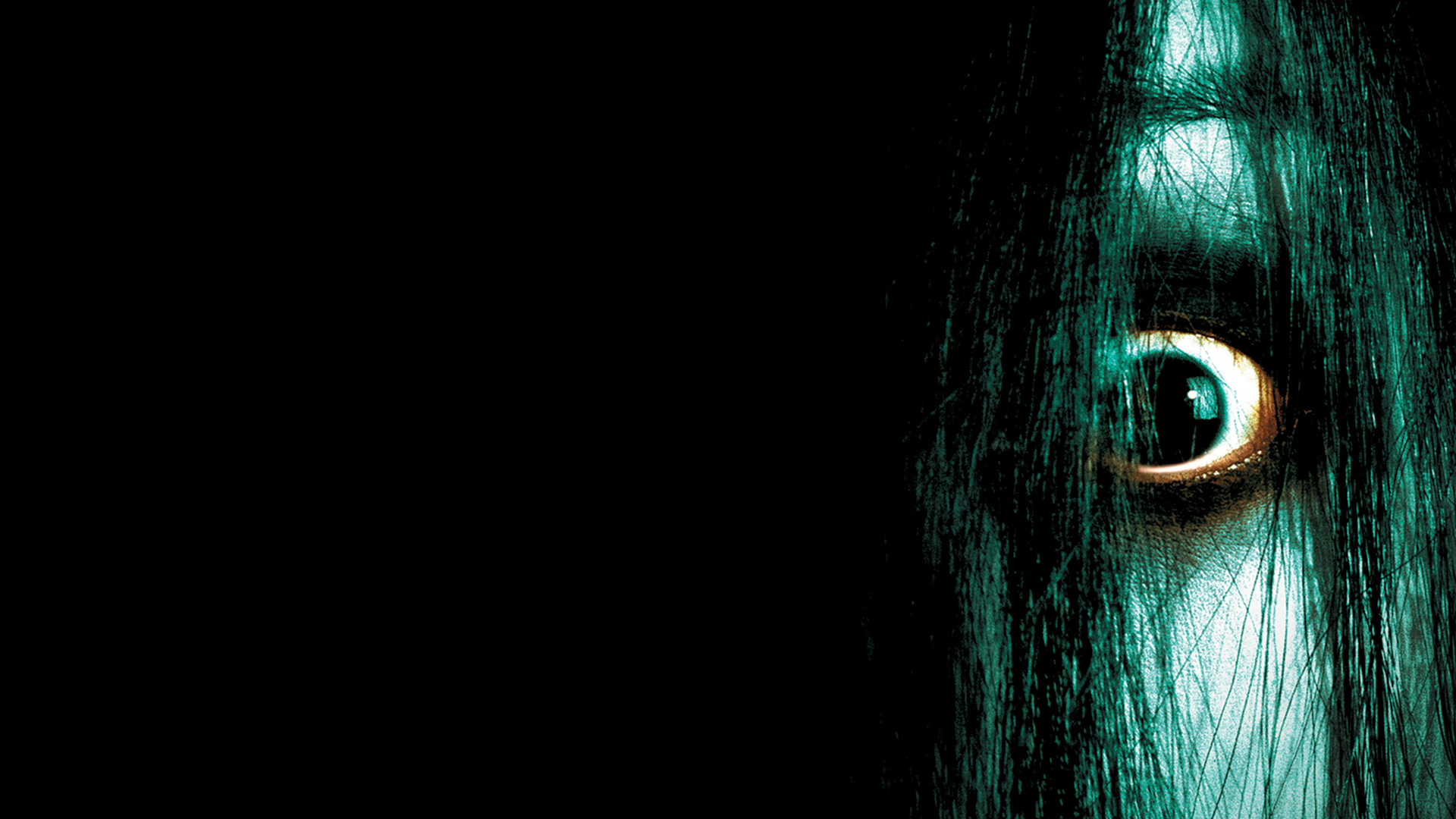 The poster for The Grudge showing an eye wide opened hiding behind long, black hair.