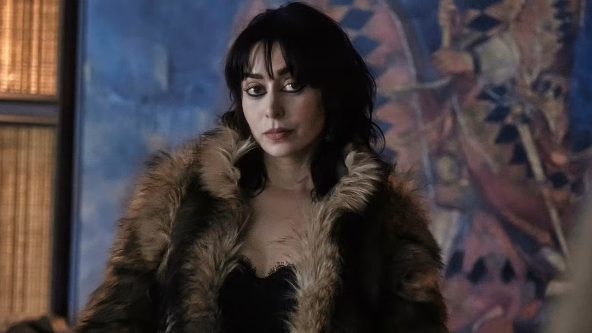 Cristin Milioti wearing a fur coat as Sofia Gigante in The Penguin.