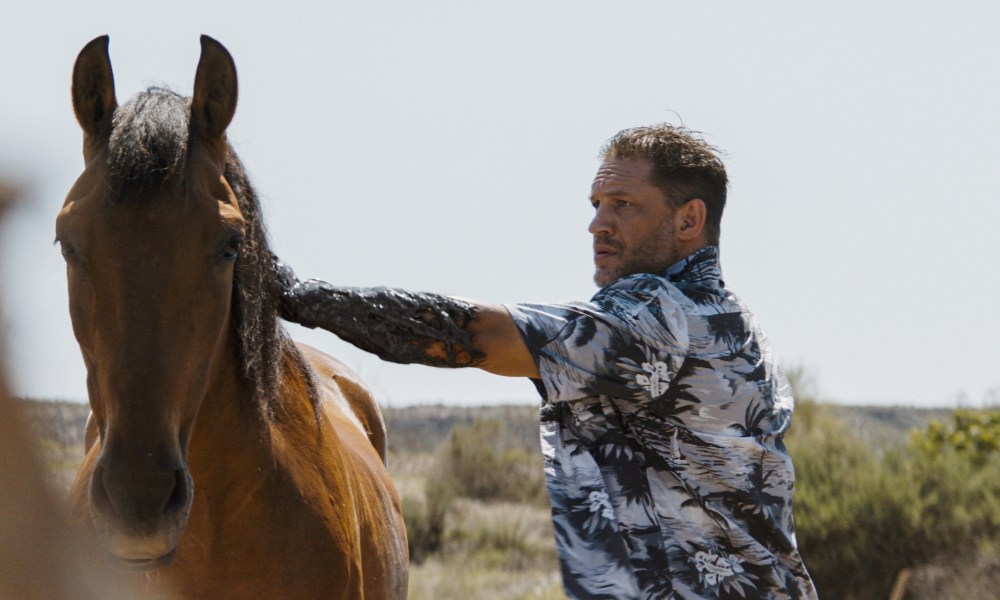 Tom Hardy touches a horse in Venom: The Last Dance.