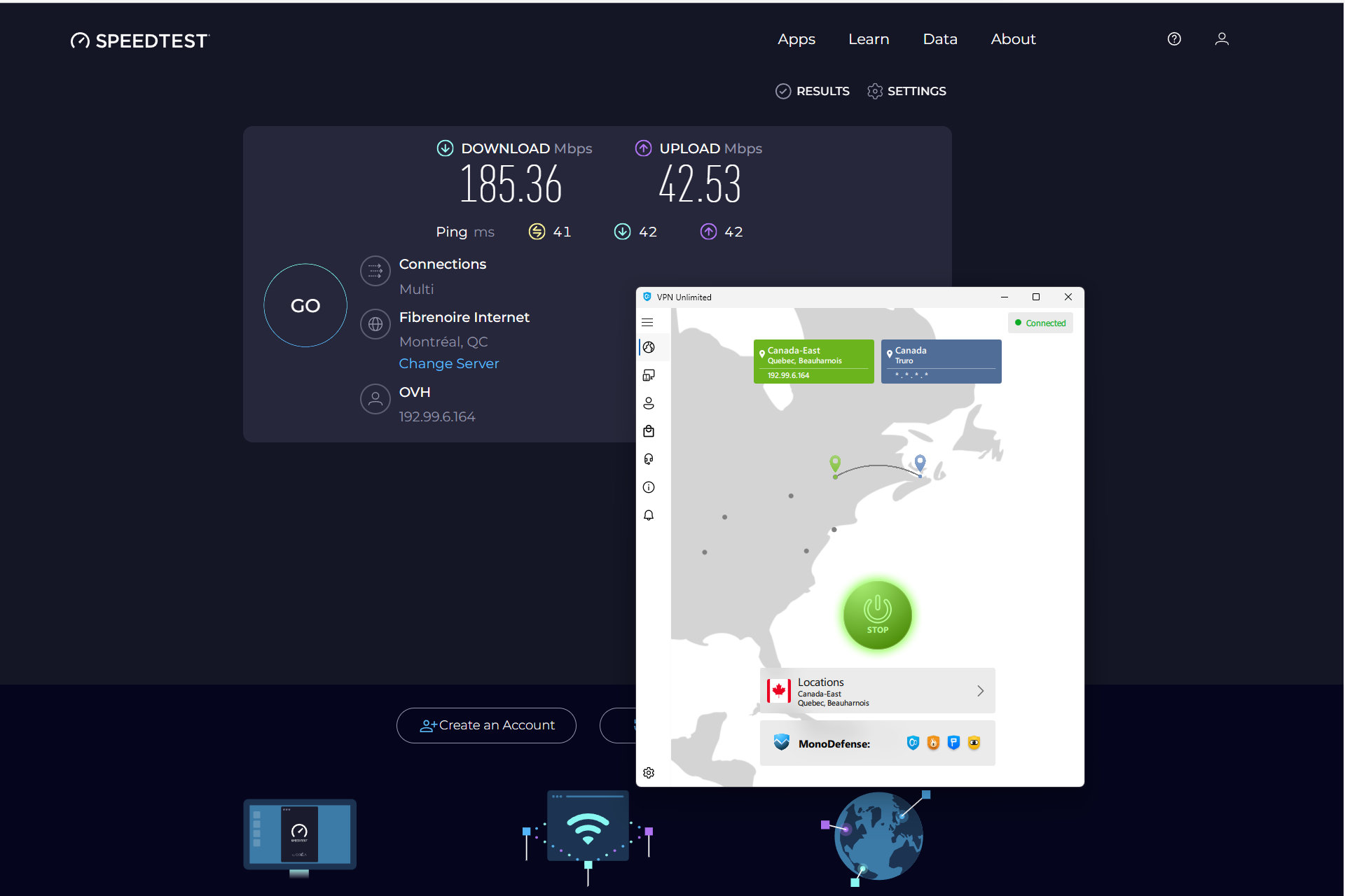 VPN Unlimited 正确选择了 IKEv2，对于该加拿大服务器来说，它比 WireGuard 更快。