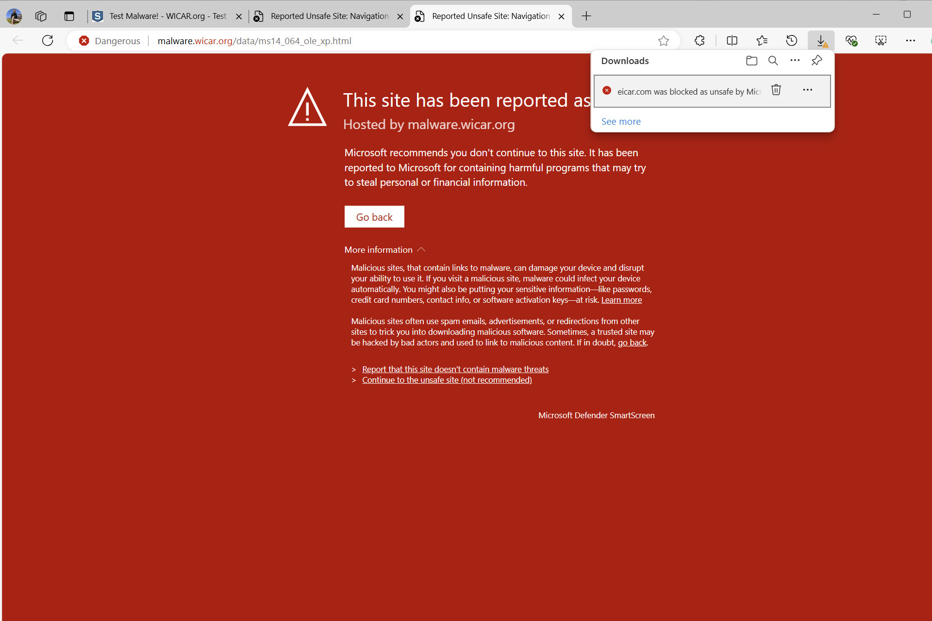 Con Microsoft Defender, Edge bloqueó una descarga de malware y un exploit del navegador.