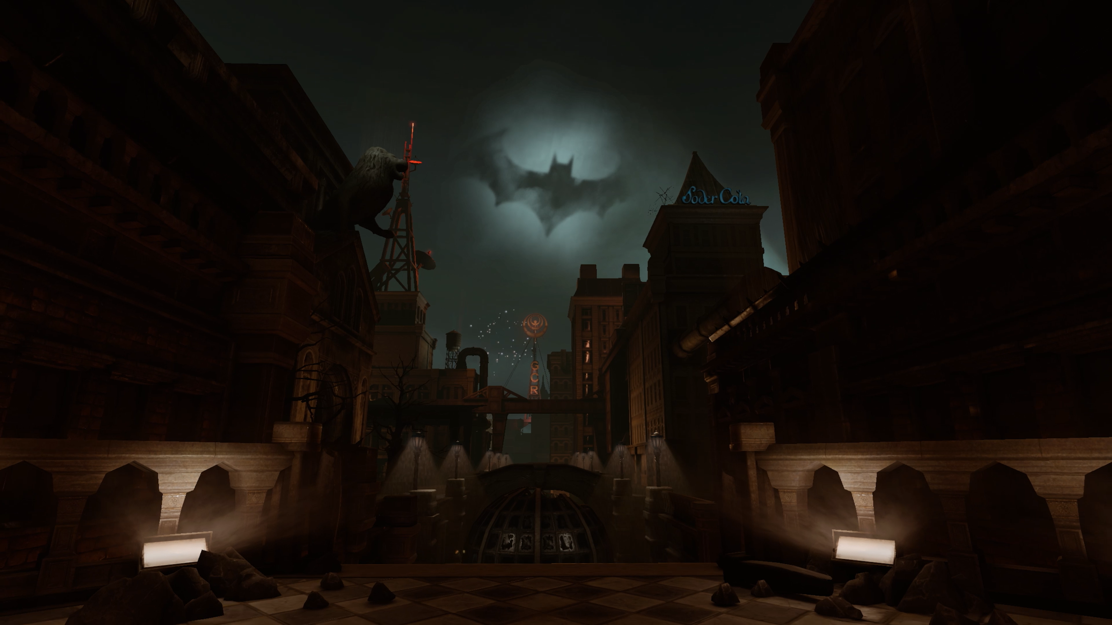 O sinal do morcego aparece no céu em Batman: Arkham Shadow.