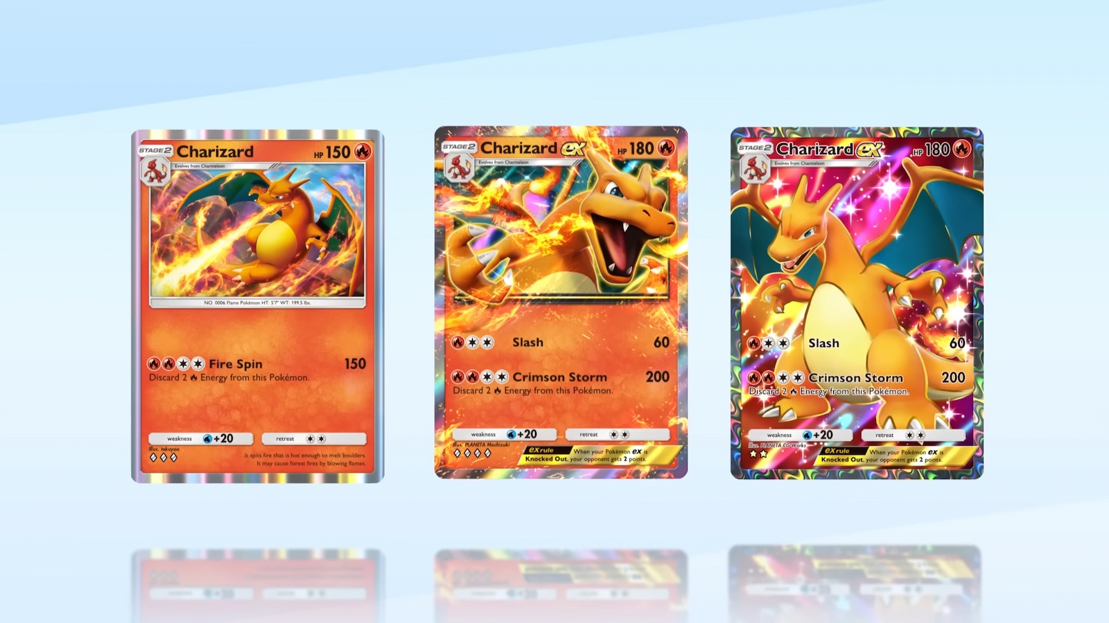 Três cartas Charizard em Pokémon TCGP.