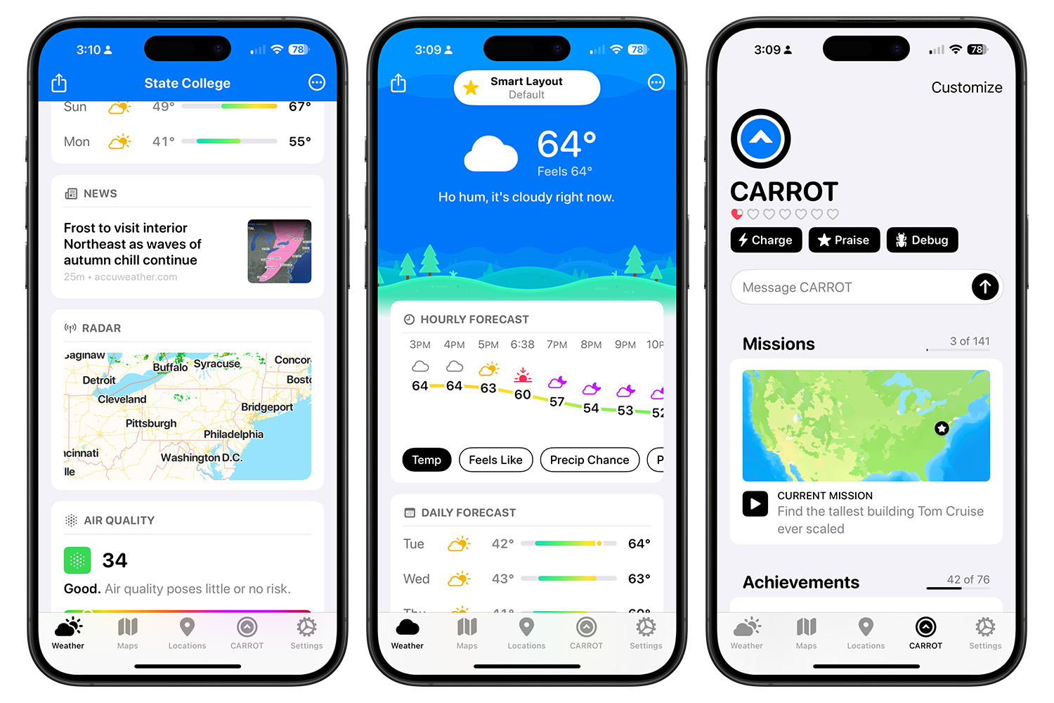 Screenshots of Carrot Weather app on iPhone