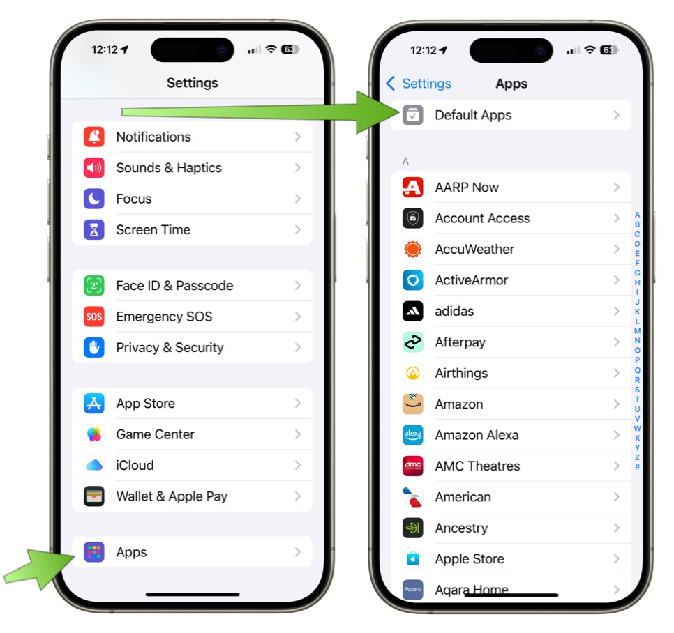 Screenshot showing how to change the default apps on iOS 18.2.