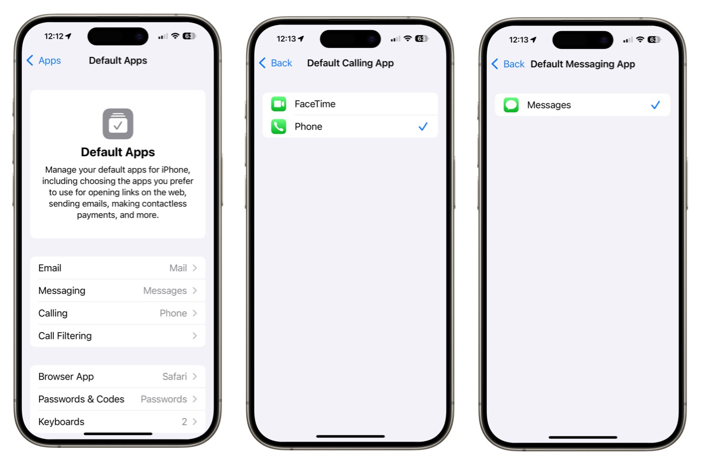 Screenshots showing how to change default apps in iOS 18.2.