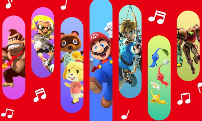 Seven Nintendo characters on a red background with music notes flying around.