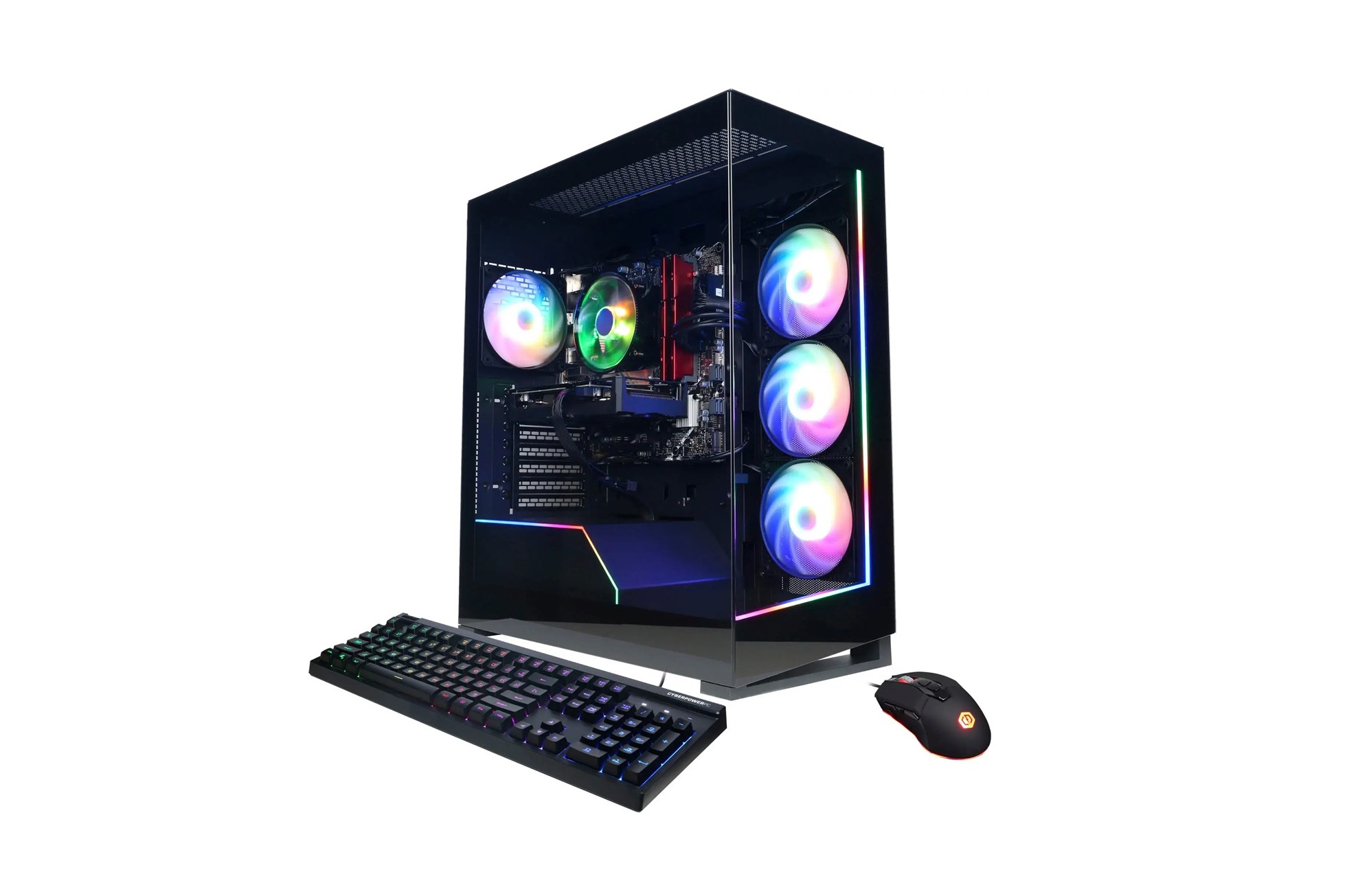 Un CyberPowerPC - Gamer Master Gaming Desktop con teclado y mouse. Todo sobre un fondo blanco.