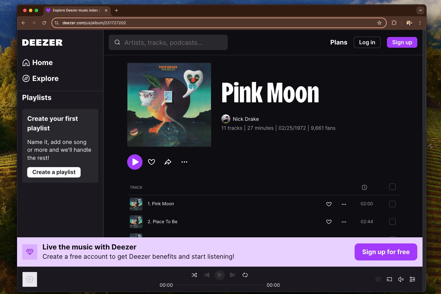 A screengrab of the Deezer web player with Nick Drake's Pink Moon album.