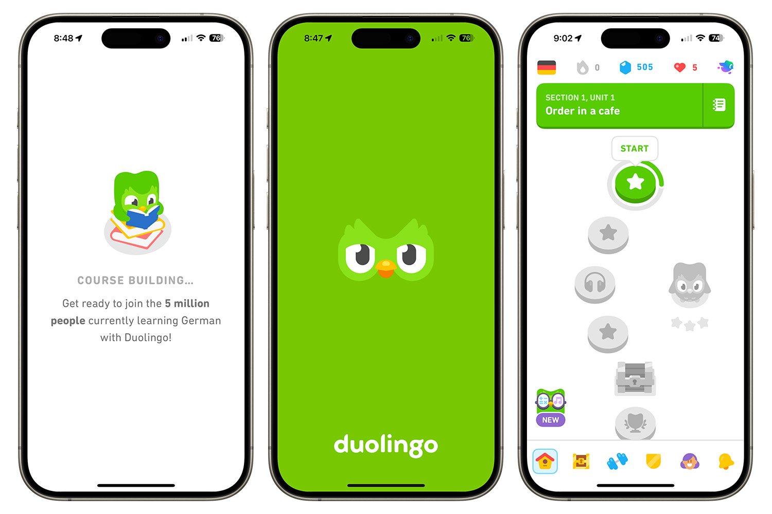 Capturas de pantalla que muestran la aplicación Duolingo para iPhone.