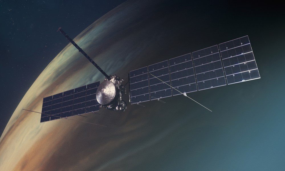 This artist’s concept depicts NASA’s Europa Clipper spacecraft in orbit around Jupiter.