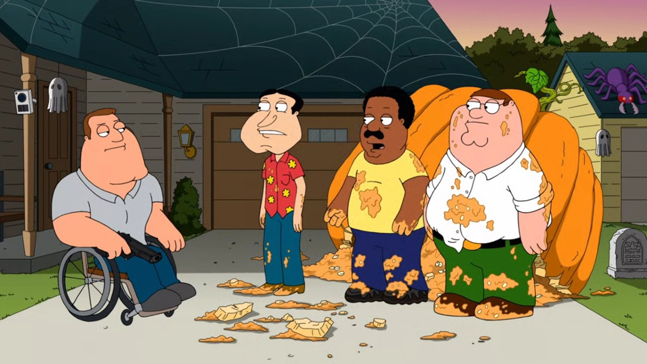 The gang from Family Guy stands around an oversized, busted open pumpkin in the Halloween special Peter Peter Pumpkin Cheater.