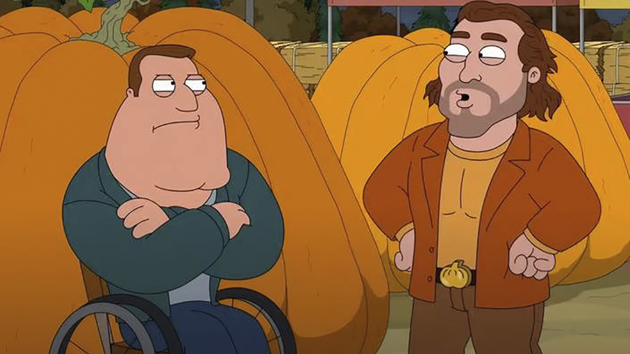 Joe Swanson meets a new character voiced by Glen Powell, both in front of oversized pumpkins in the Family Guy Halloween special Peter Peter Pumpkin Cheater.