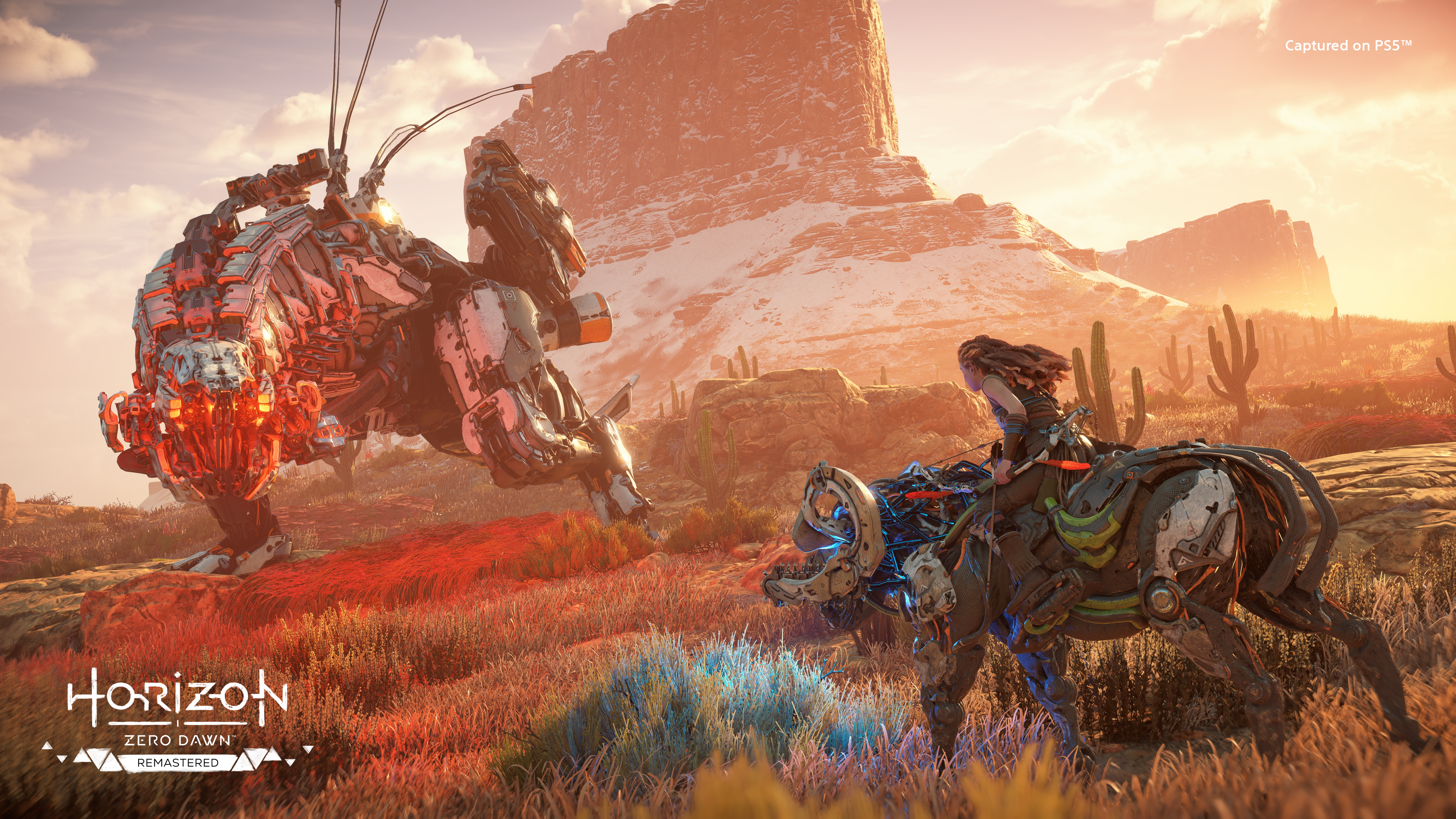 Aloy faces down a Thunderjaw in Horizon Zero Dawn Remastered.