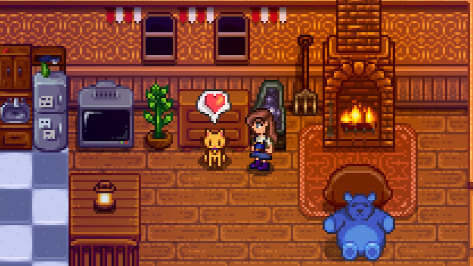 Chat caressant montrant une bulle de cœur dans Stardew Valley.