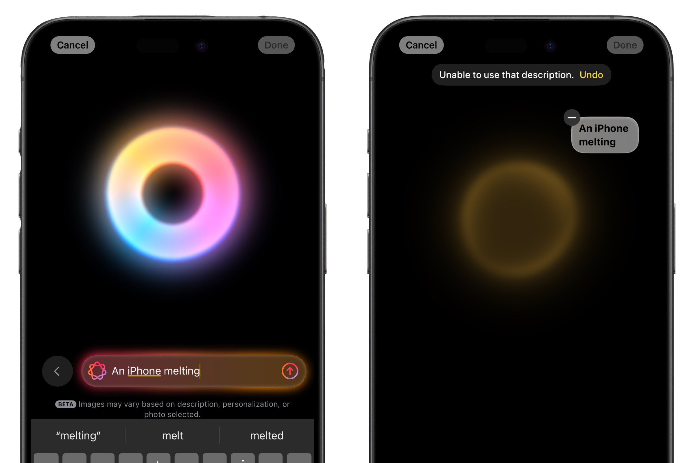 Dois iPhones mostrando uma descrição de imagem de um iPhone derretendo que não funciona no Image Playground.