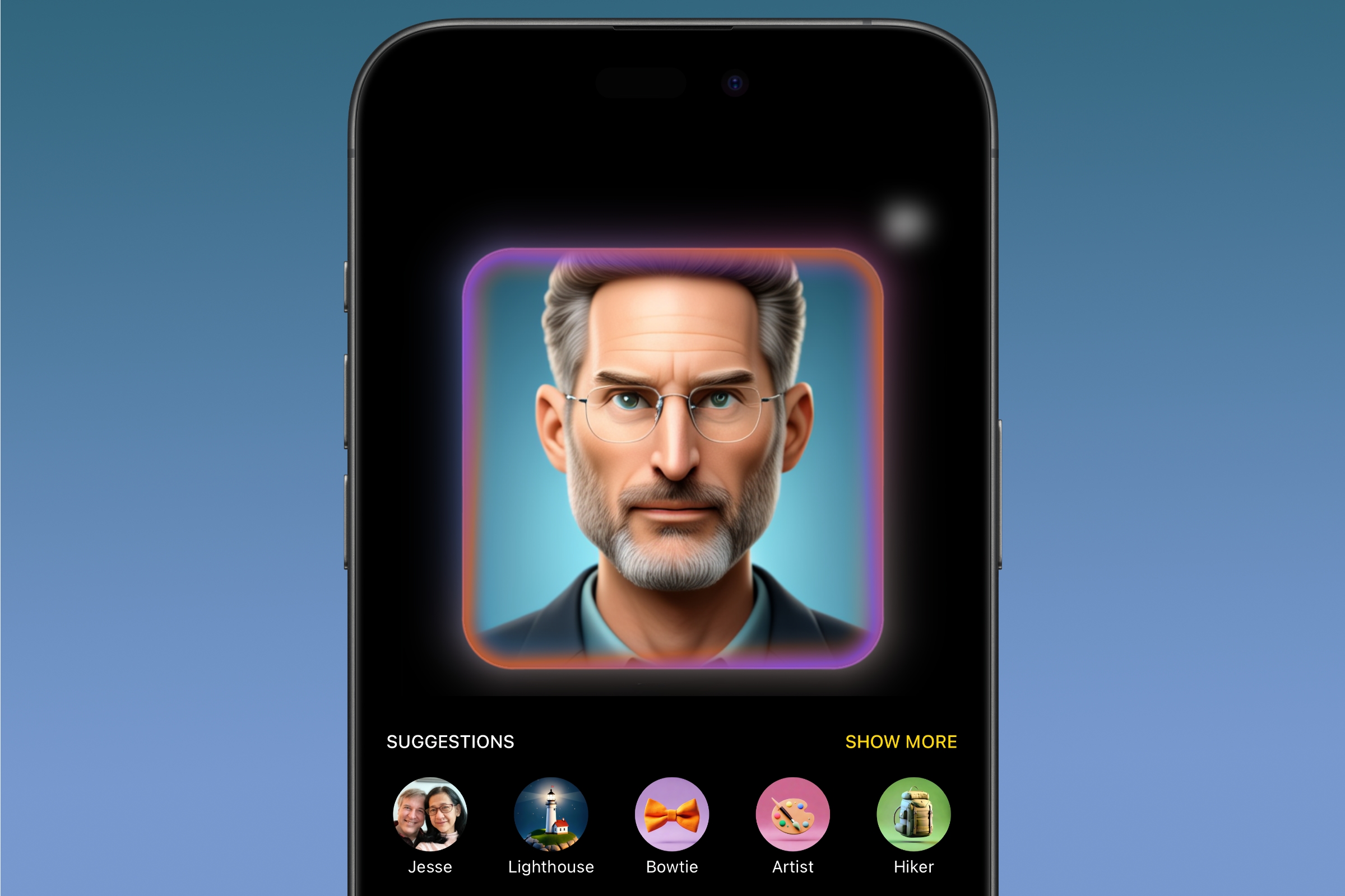 An iPhone showing a rendering of Steve Jobs' Apple Intelligence in the Image Playground app.