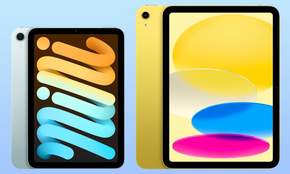 Proportional comparison of blue iPad mini 2024 beside yellow iPad 2022.