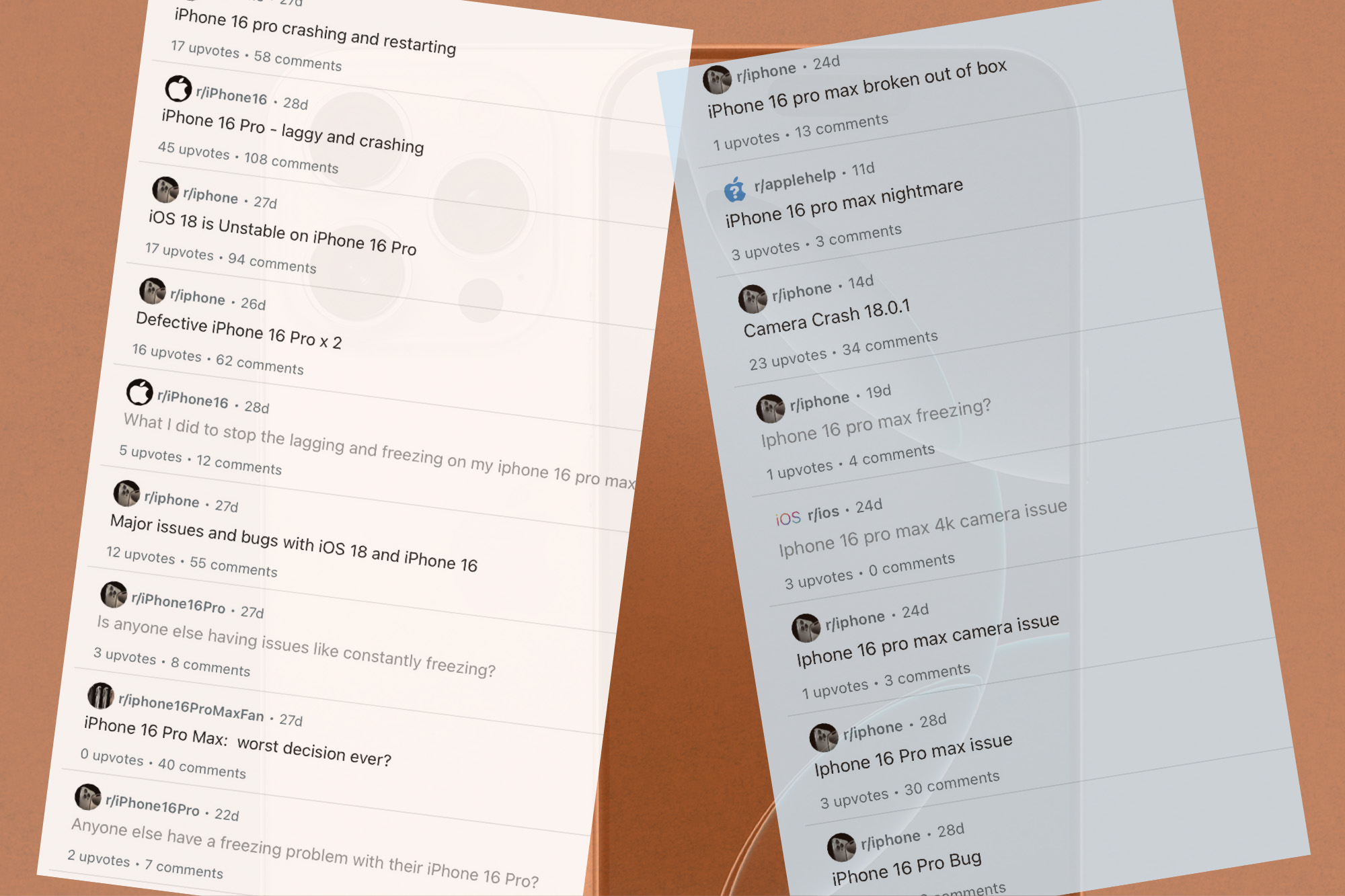 List of complaints about iPhone 16 Pro issues on Reddit