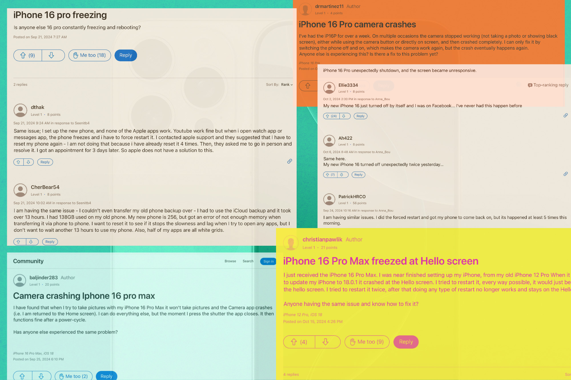 Complaints about iPhone 16 Pro issues on Apple Community Forums.