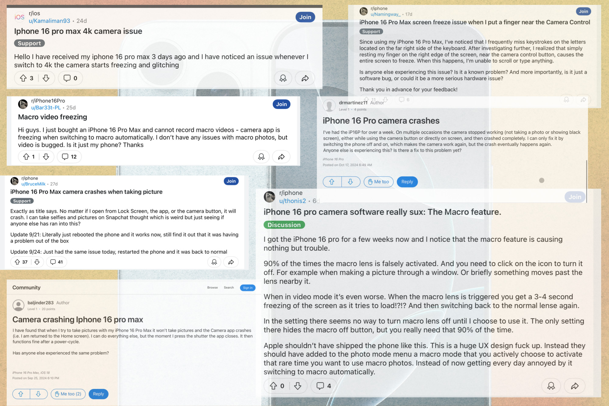 Users reports detailing issues with iPhone 16 Pro performance.
