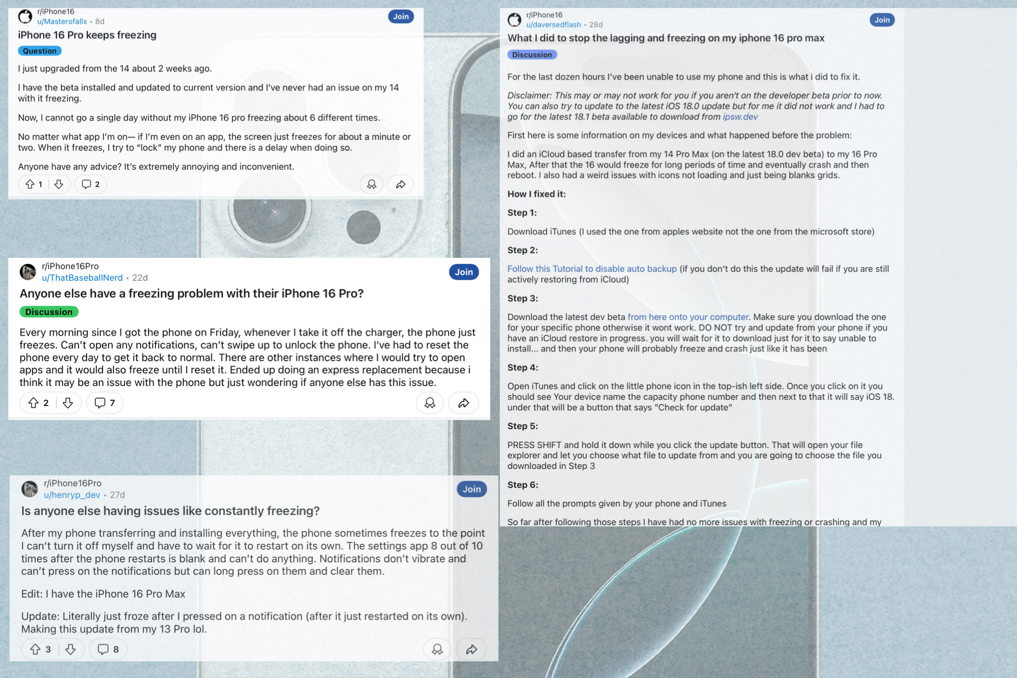 Complaints regarding iPhone 16 Pro issues shared on Reddit.