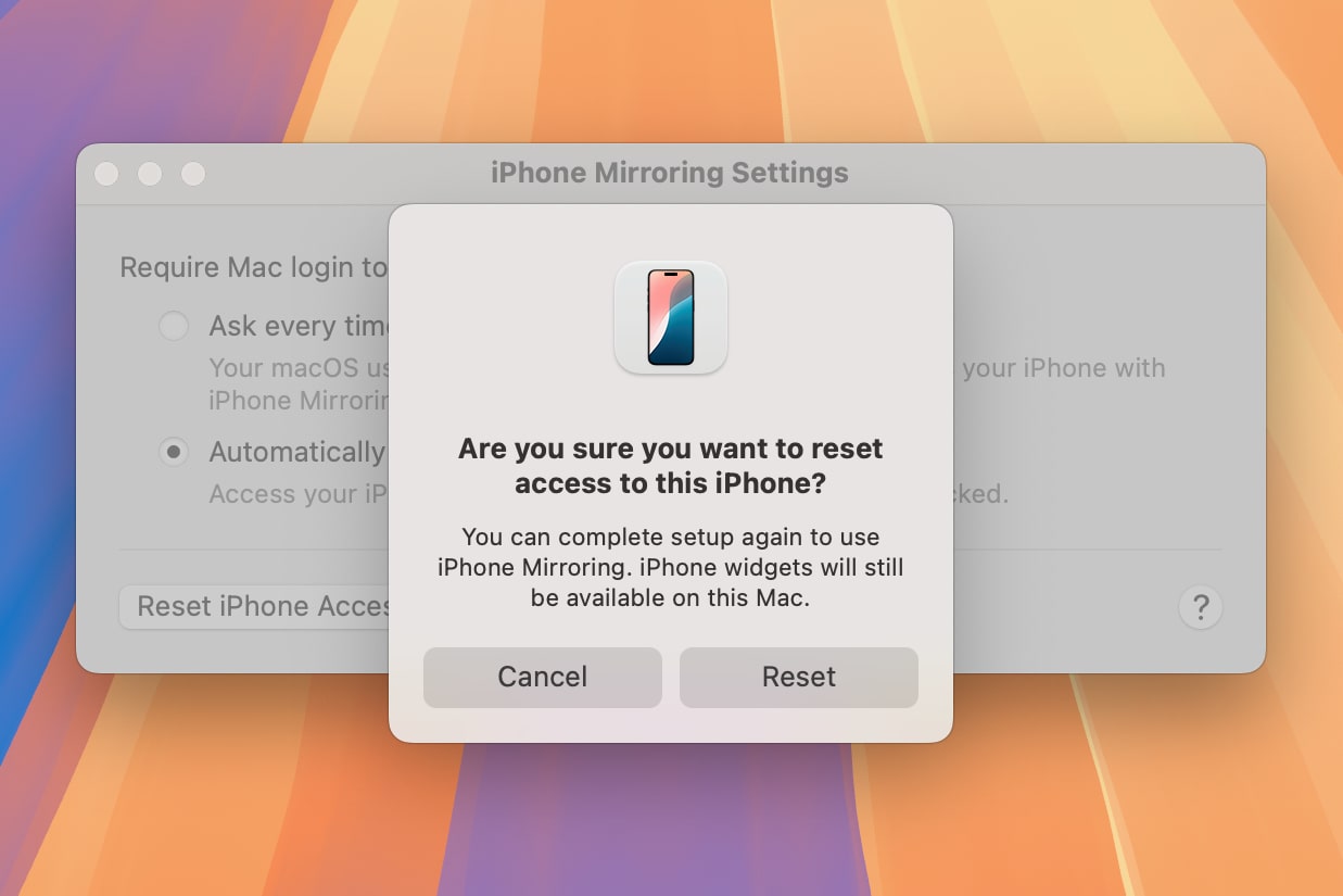 A window that allows the user to reset iPhone mirroring and disconnect iPhone from Mac in macOS Sequoia.