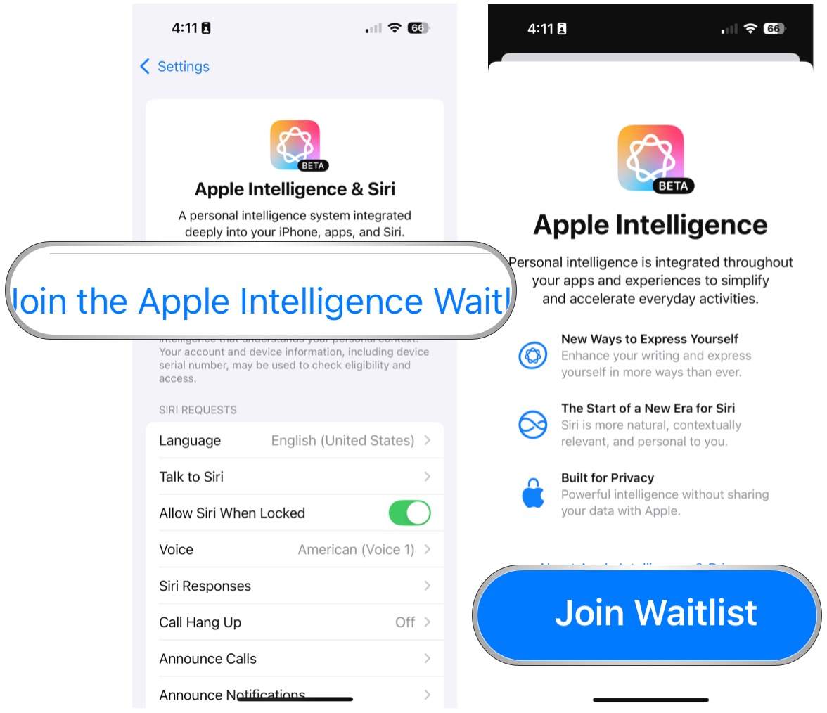 Выберите «Присоединиться к списку ожидания Apple Intelligence», затем «Присоединиться к списку ожидания».