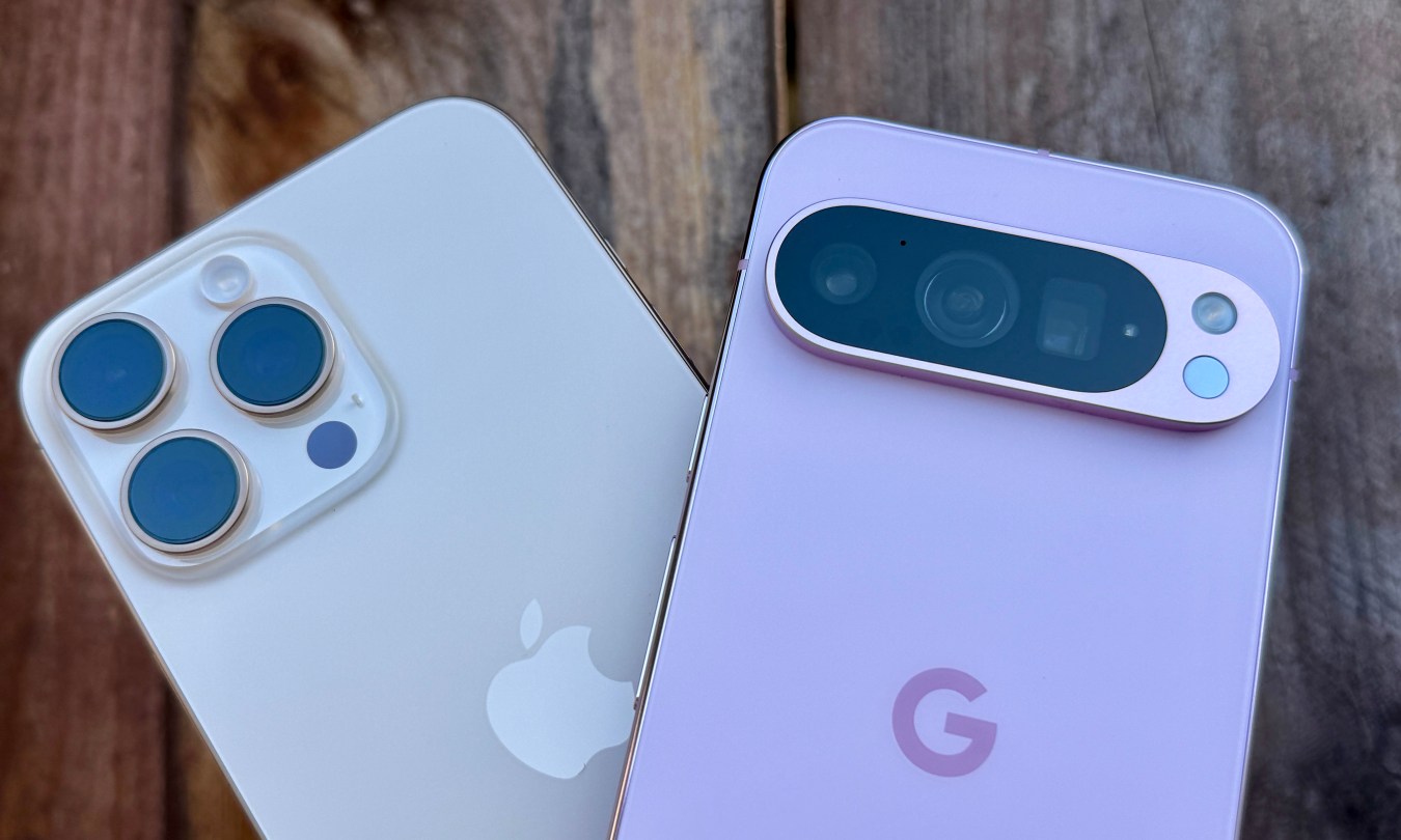 Apple iPhone 16 Pro Max in Desert Titanium (left) and a Rose Quartz Google Pixel 9 Pro.