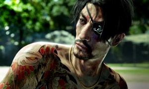 Goro Majima with no shirt on and an eye patch on a beach.