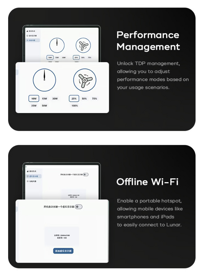 Power management and offline Wi-Fi features in the Lunar keyboard mini-PC.