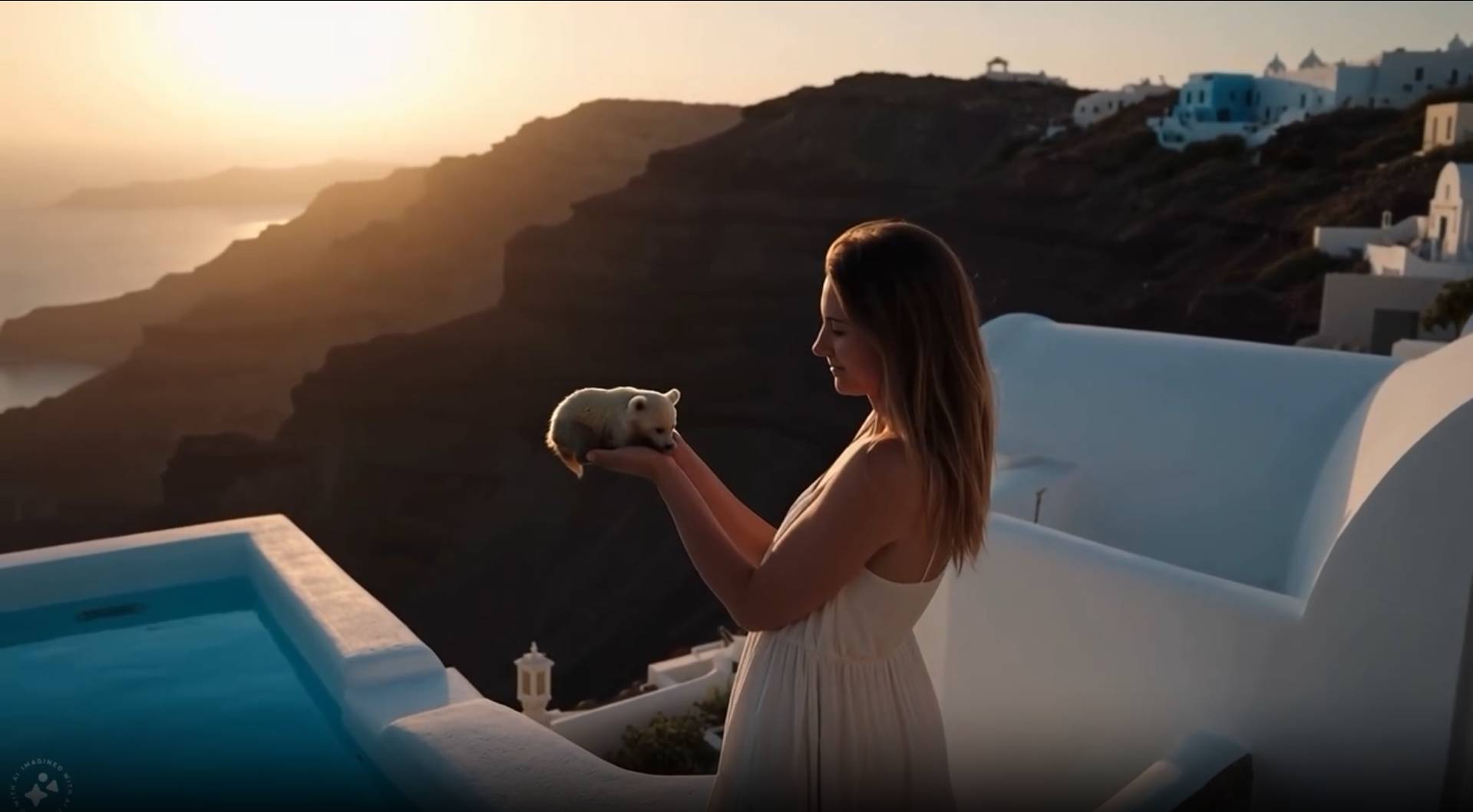 Une dame tenant un ours de poche sur une terrasse surplombant l’océan