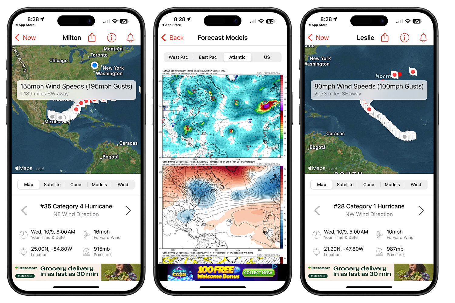 Capturas de tela mostrando o aplicativo Hurricane Tracker.