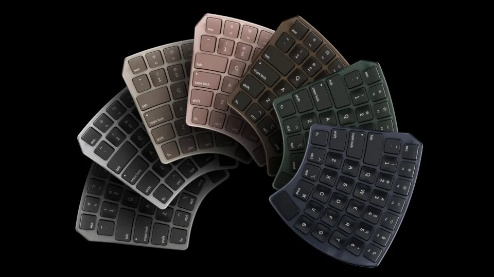 The Nuio Flow ergonomic keyboard in different color options.