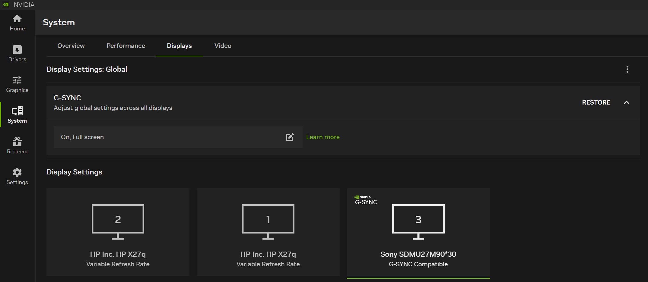 G-Sync settings in the Nvidia app.