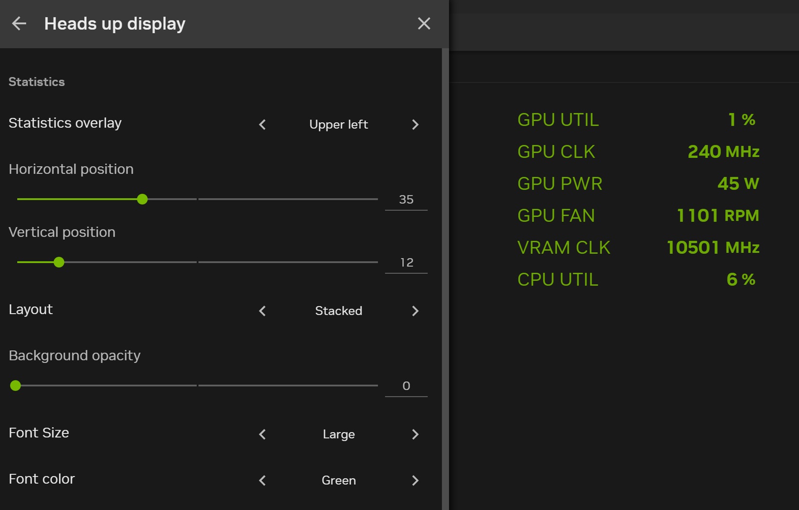 Opções de sobreposição no aplicativo Nvidia.