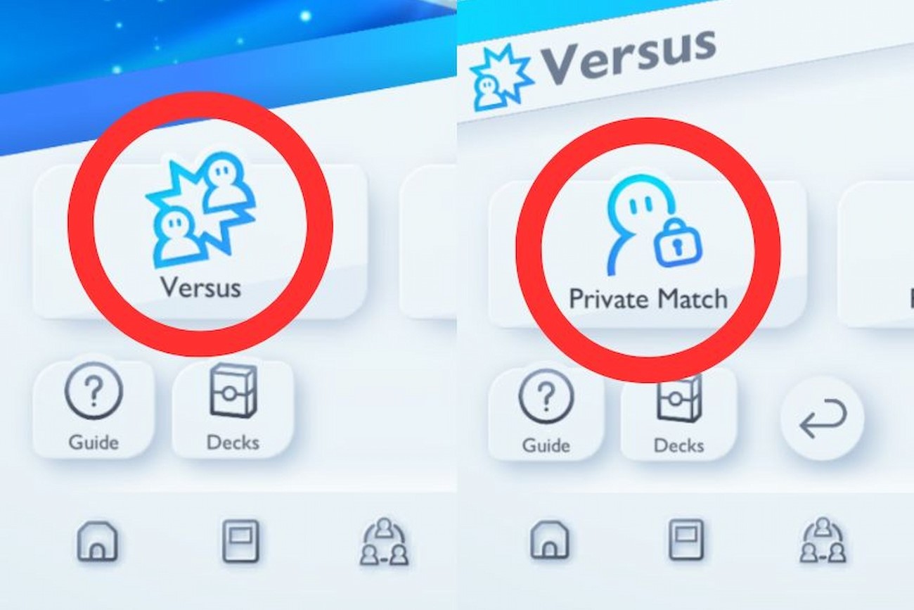 Pokémon TCGP Versus and Private Match buttons outlined in red.