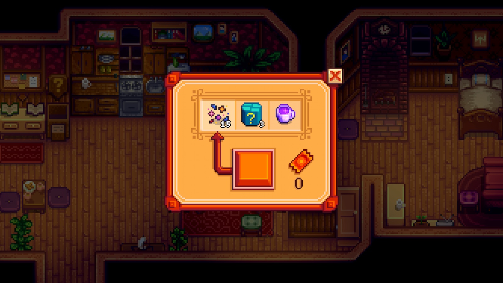 Recompensas da máquina de prêmios na casa de Lewis em Stardew Valley.