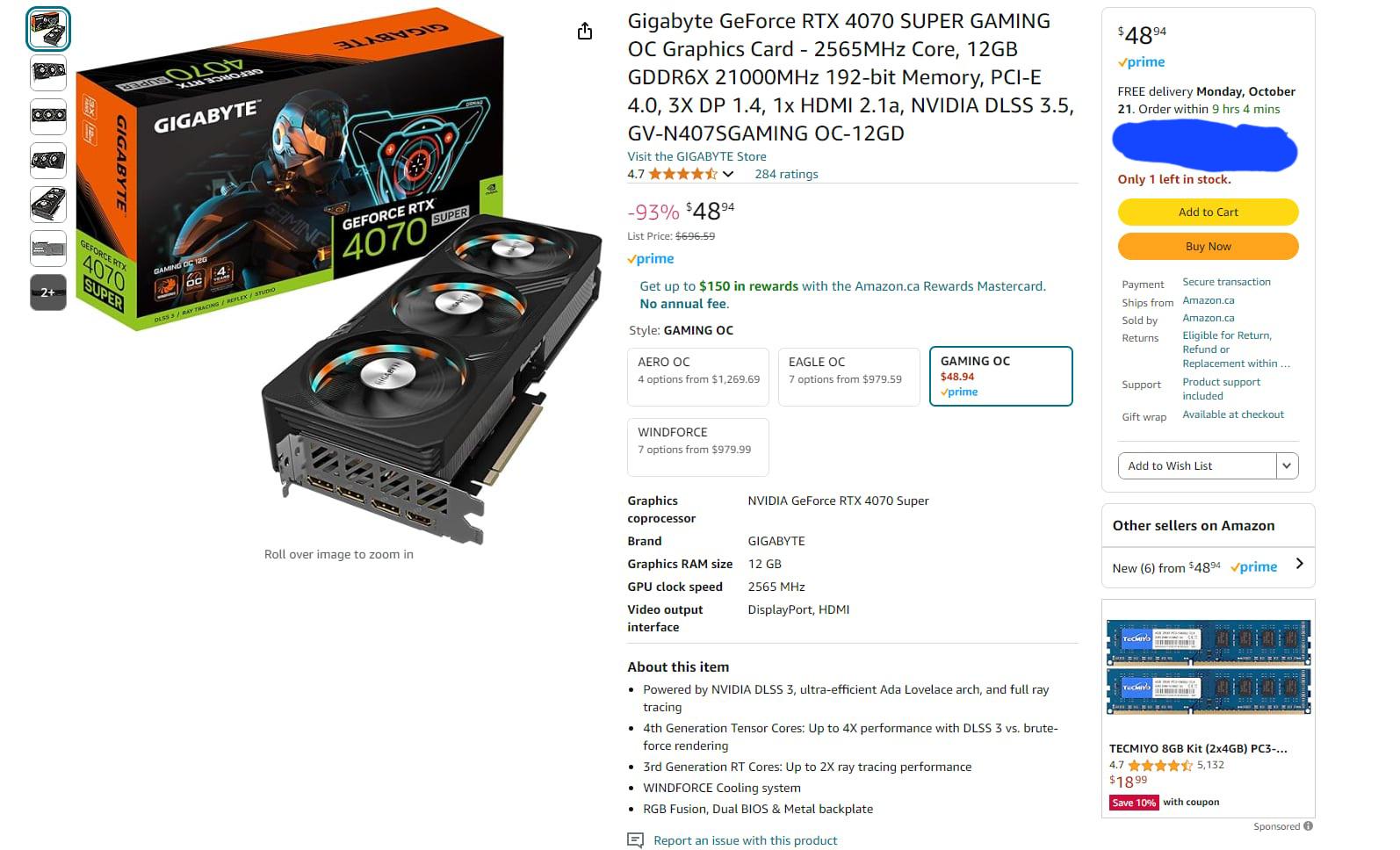 Завидую — кто-то купил на Amazon RTX 4070 Super за 49 долларов.