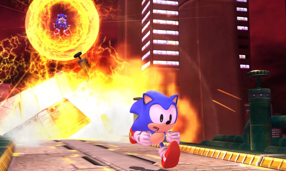 Old Sonic runs away from Metal Sonic in Sonic Generations X Shadow.