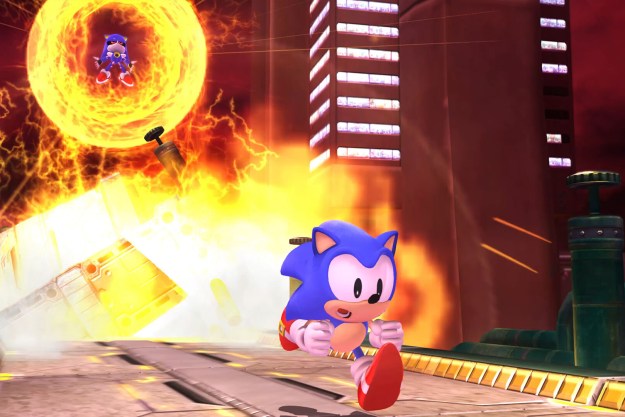 Old Sonic runs away from Metal Sonic in Sonic Generations X Shadow.