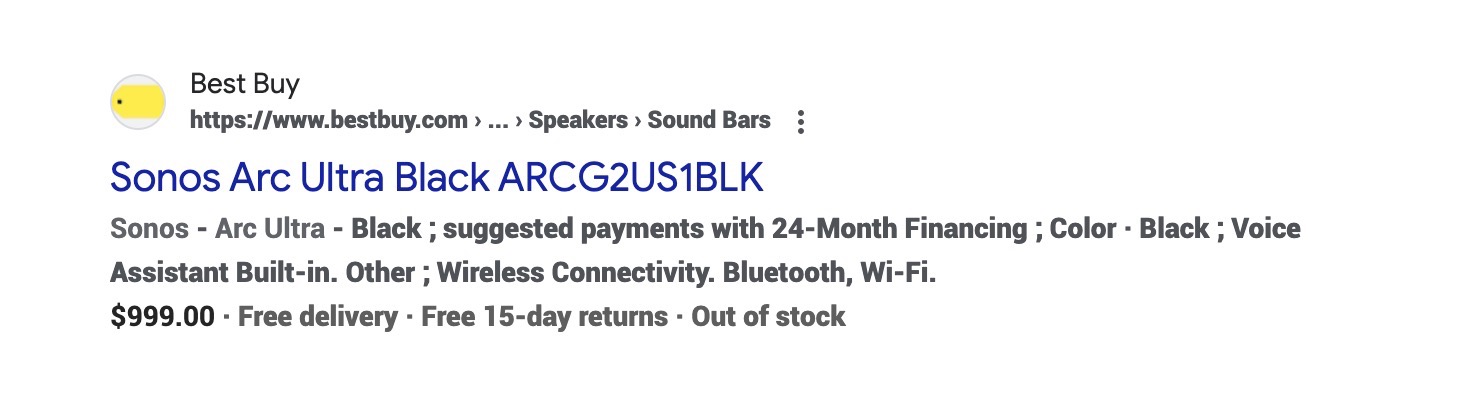 A Google search result for the Sonos Arc Ultra soundbar.