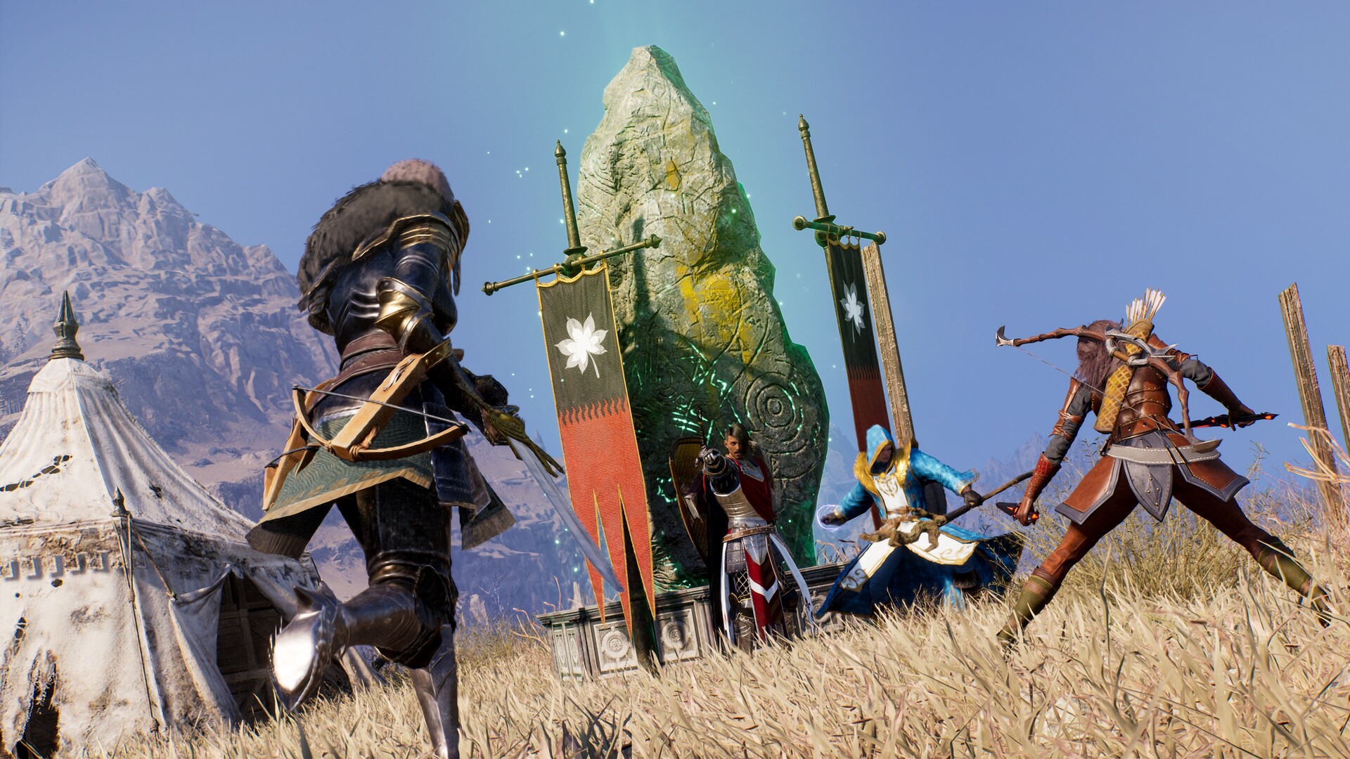 Knights fighting near a glowing rock in Throne and Liberty.