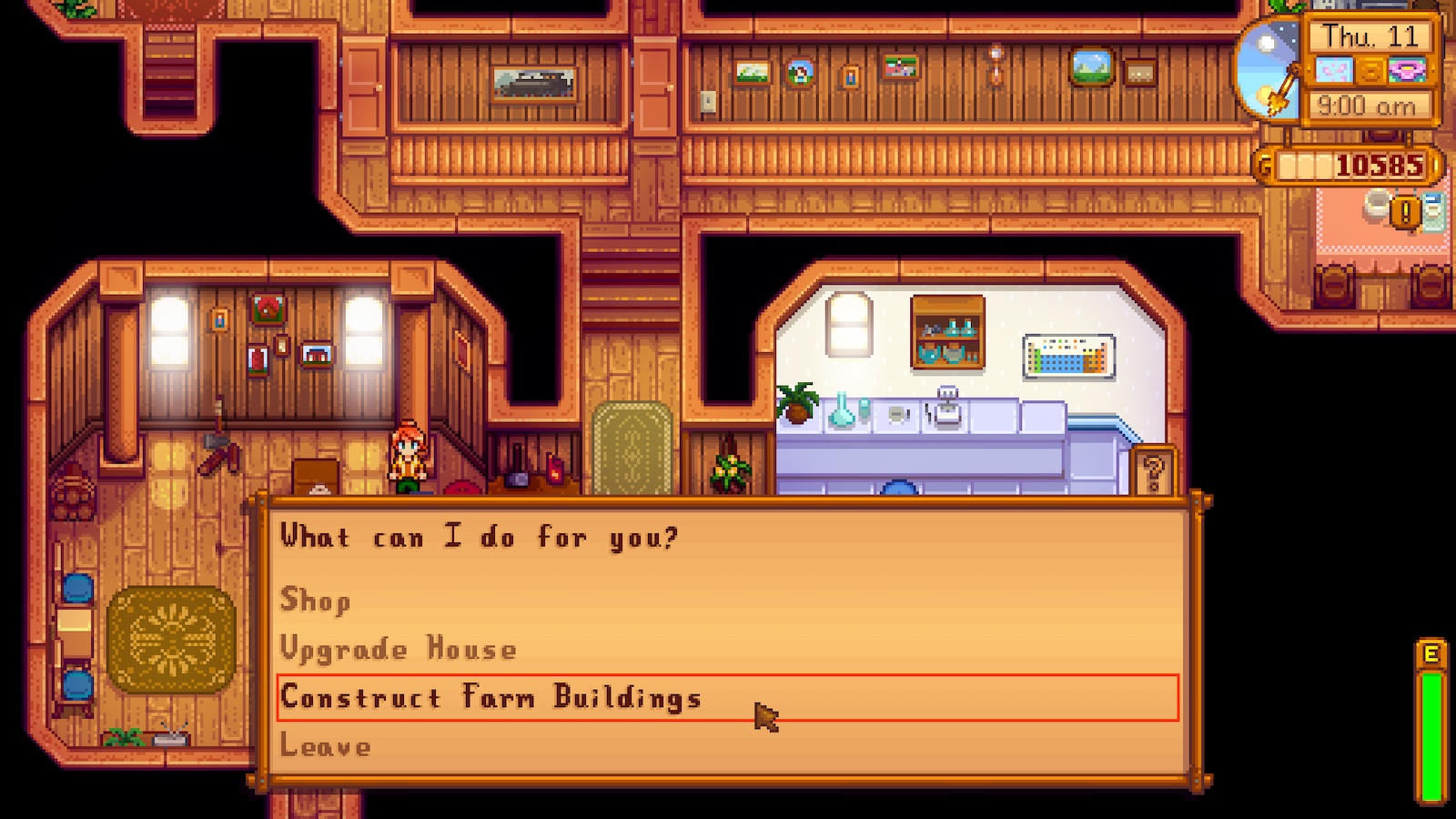 Option Stardew Valley Construct Farm Buildings dans la boutique de Robin.