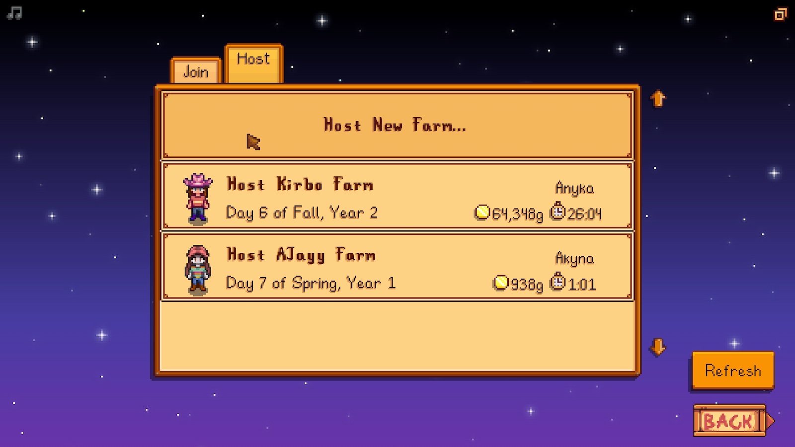 Option de nouvelle ferme hôte de Stardew Valley dans le menu.