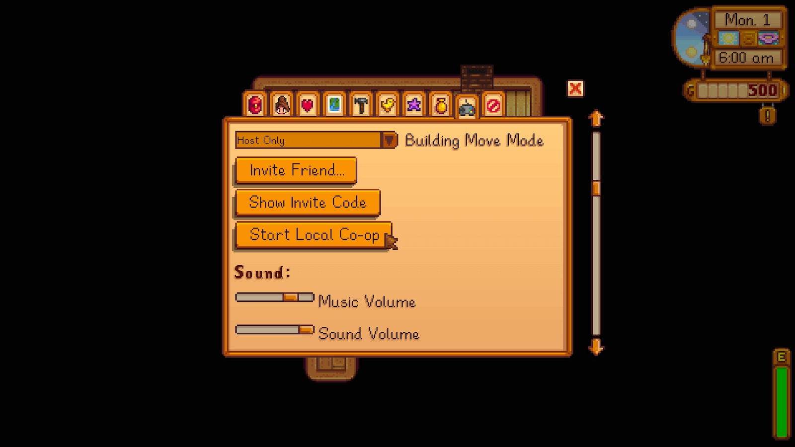 Option de démarrage de la coopération locale de Stardew Valley dans le menu.