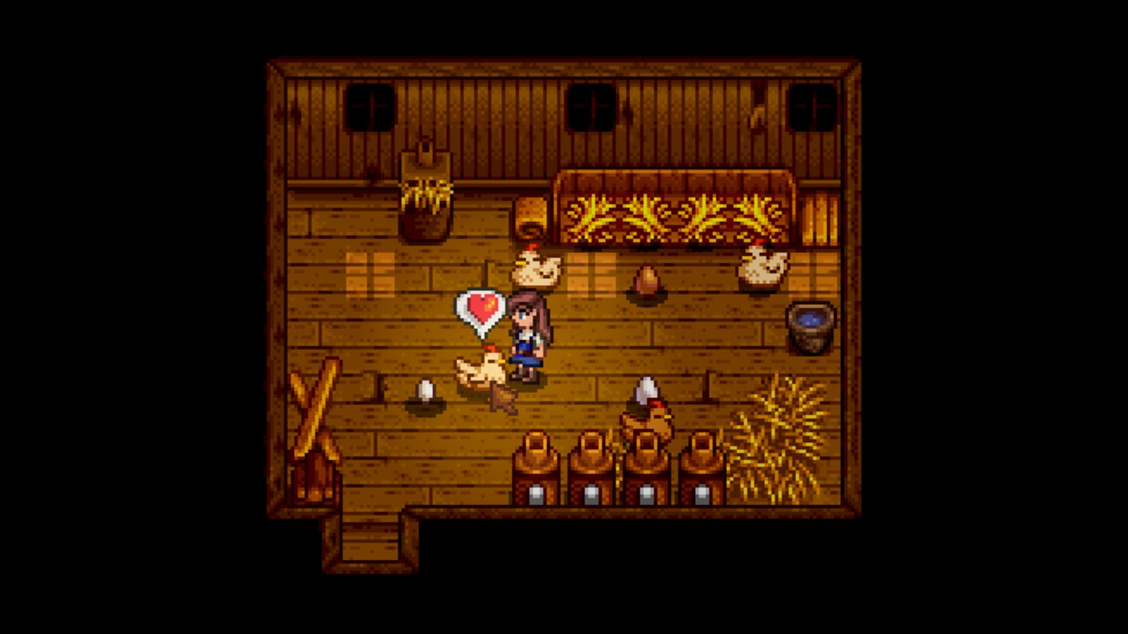 Dentro de um galinheiro em Stardew Valley.