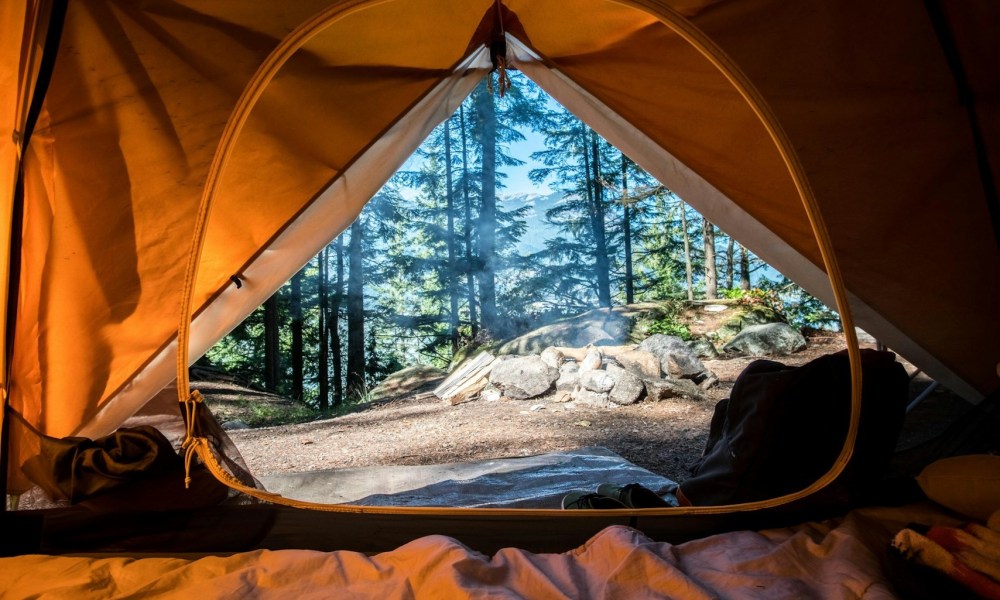 Scenic view from inside a tent while camping.