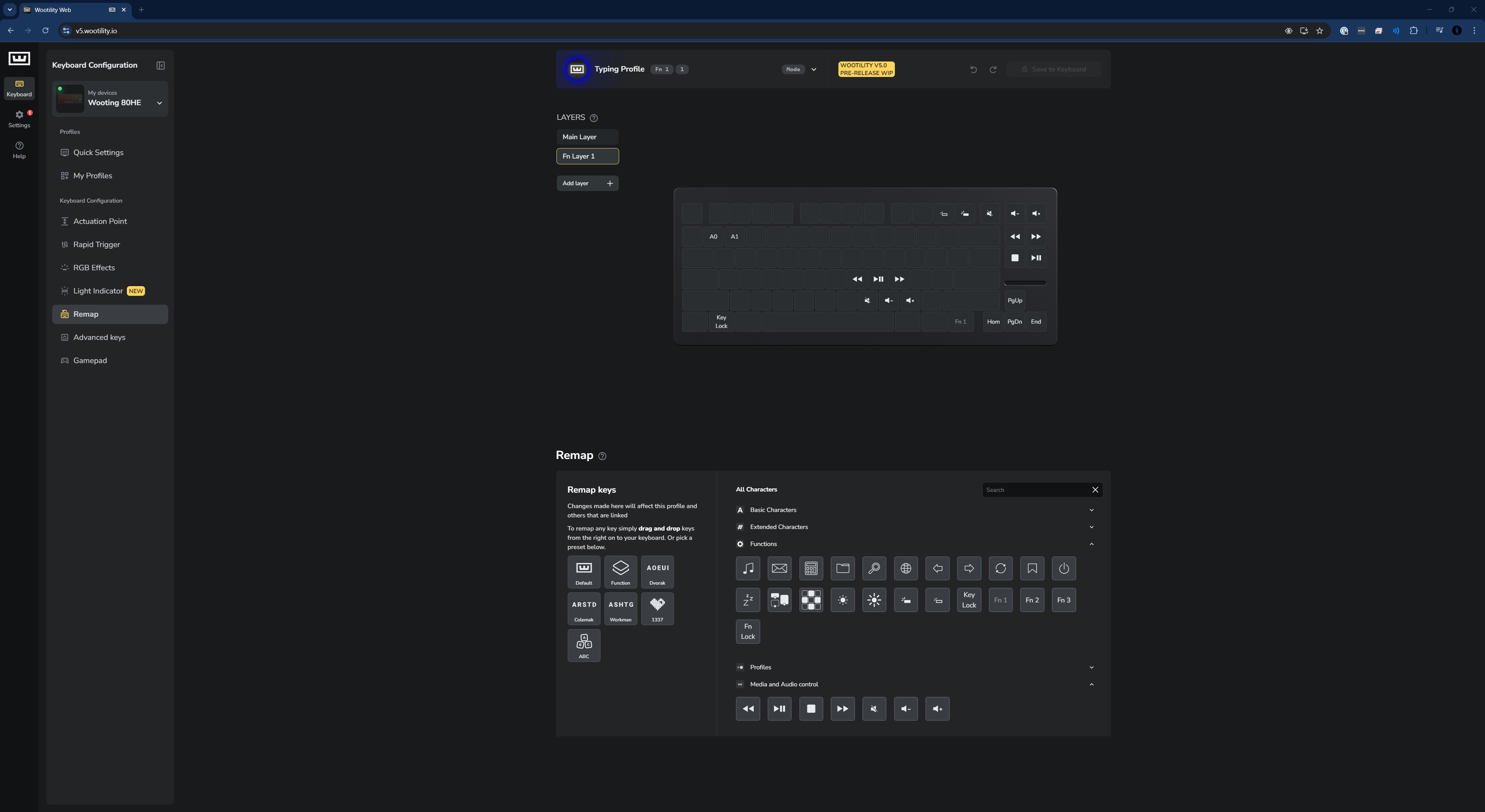 Key mappings in Wooting's Wootility software.