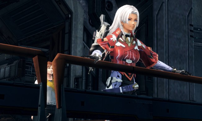 Elma, who has long white hair and a red outfit, standing and looking over a railing.